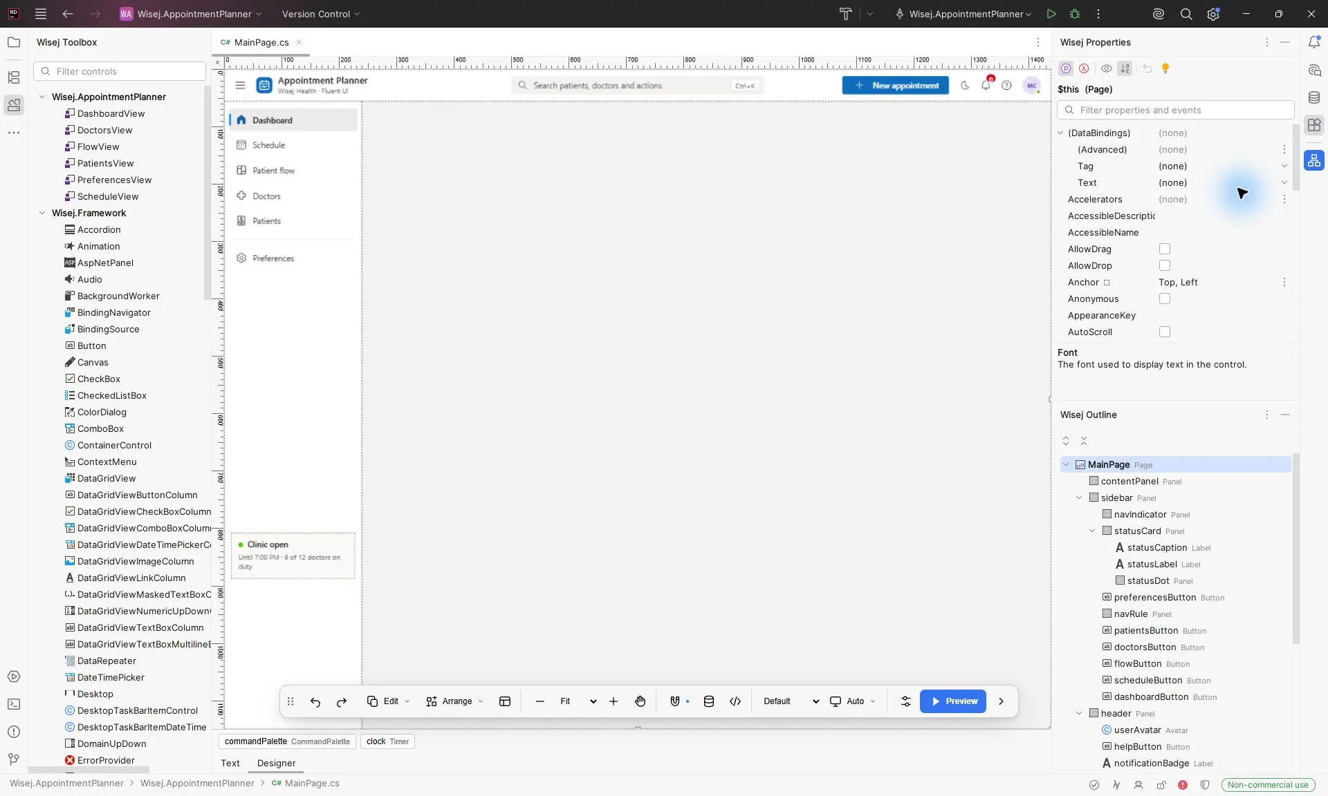 Wisej.NET Designer in JetBrains Rider on the Appointment Planner page, with the toolbox on the left, the outline and property grid on the right, rulers around the surface, and the floating toolbar at the bottom.