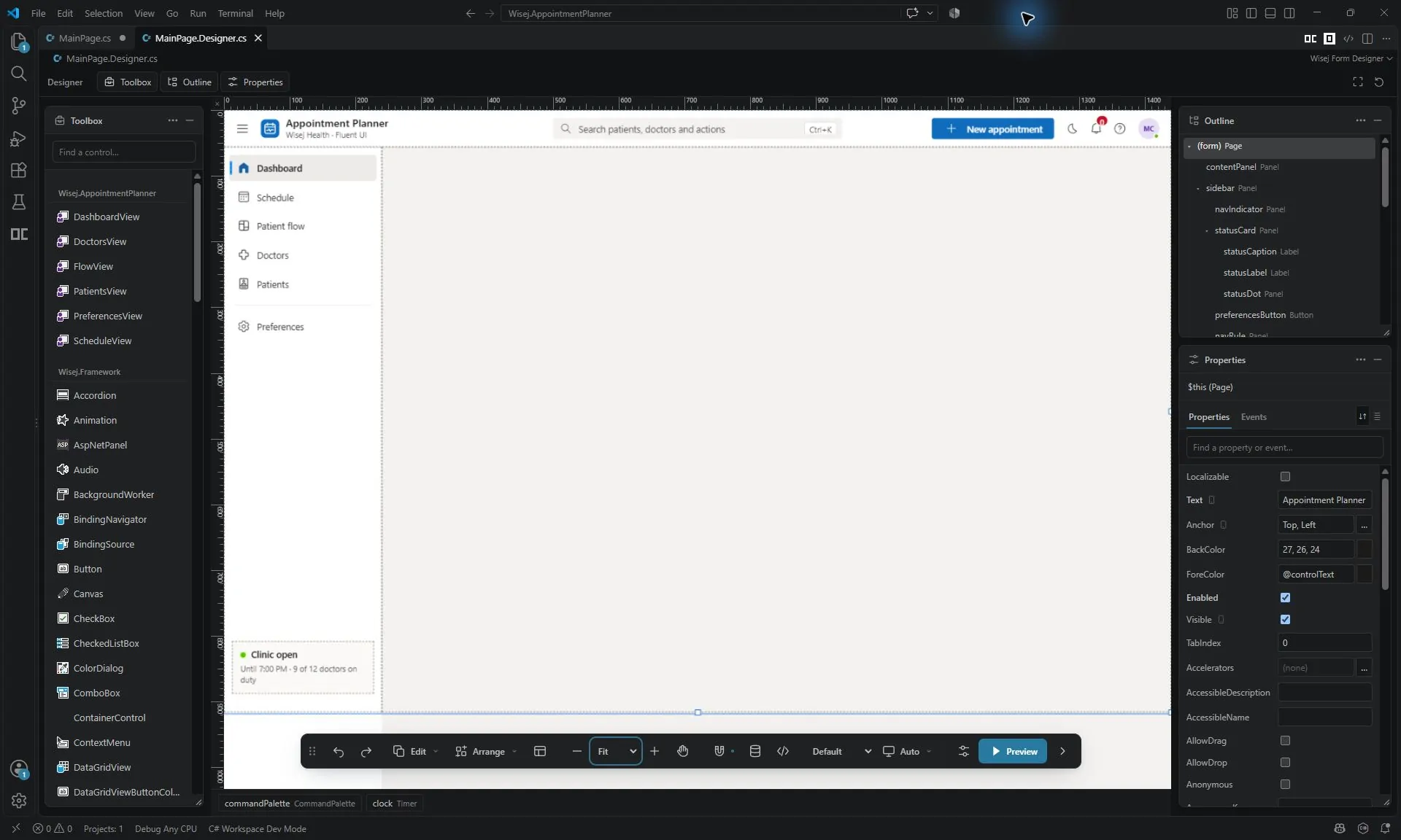 Wisej.NET Designer in VS Code on the Appointment Planner page, with the toolbox on the left, the outline and property grid on the right, rulers around the surface, and the floating toolbar at the bottom.