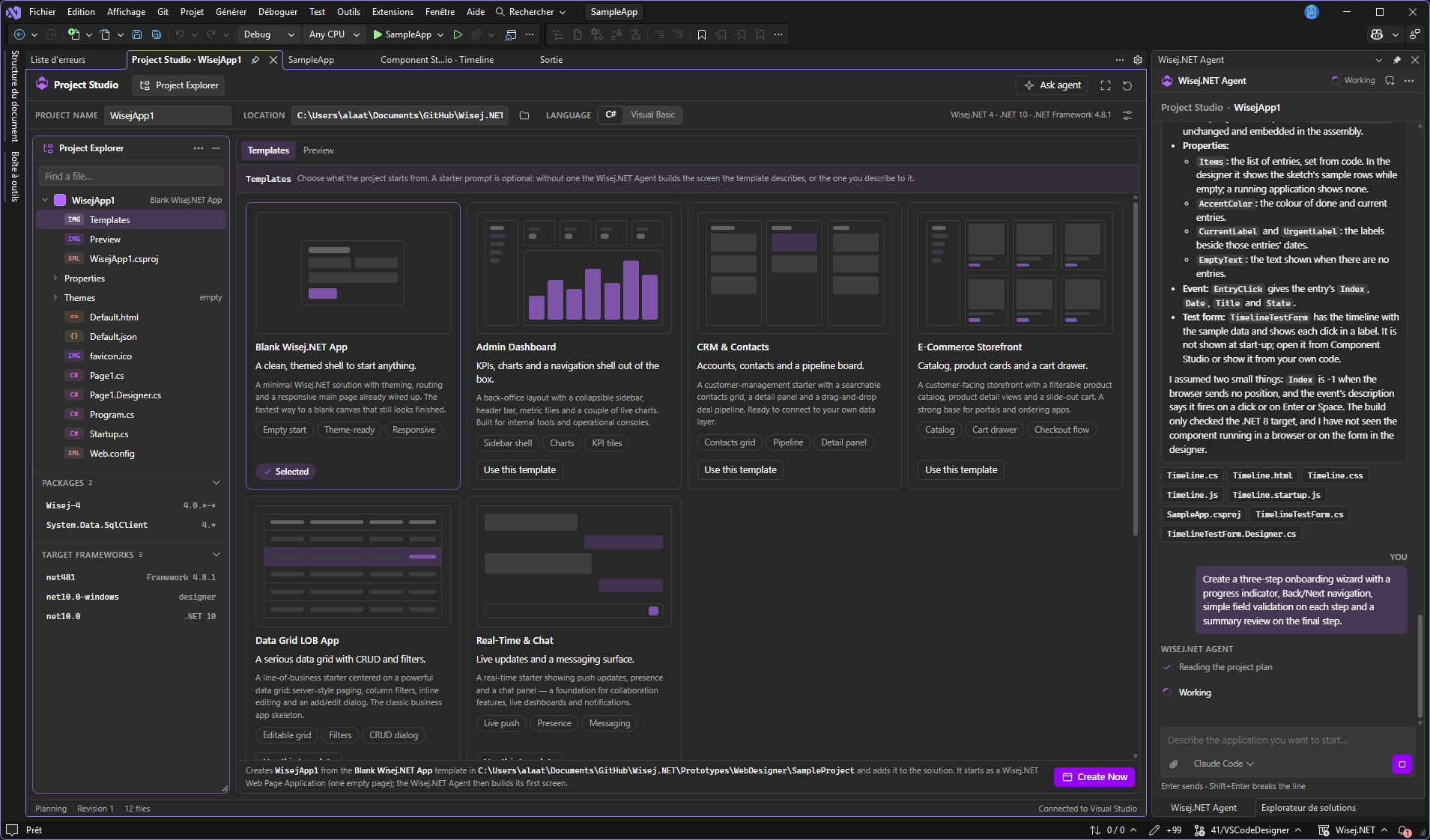 Project Studio in Visual Studio with project name, location, and language settings, a Project Explorer listing the files, packages, and target frameworks, a gallery of project templates, and the Wisej.NET Agent building an onboarding wizard from a prompt.