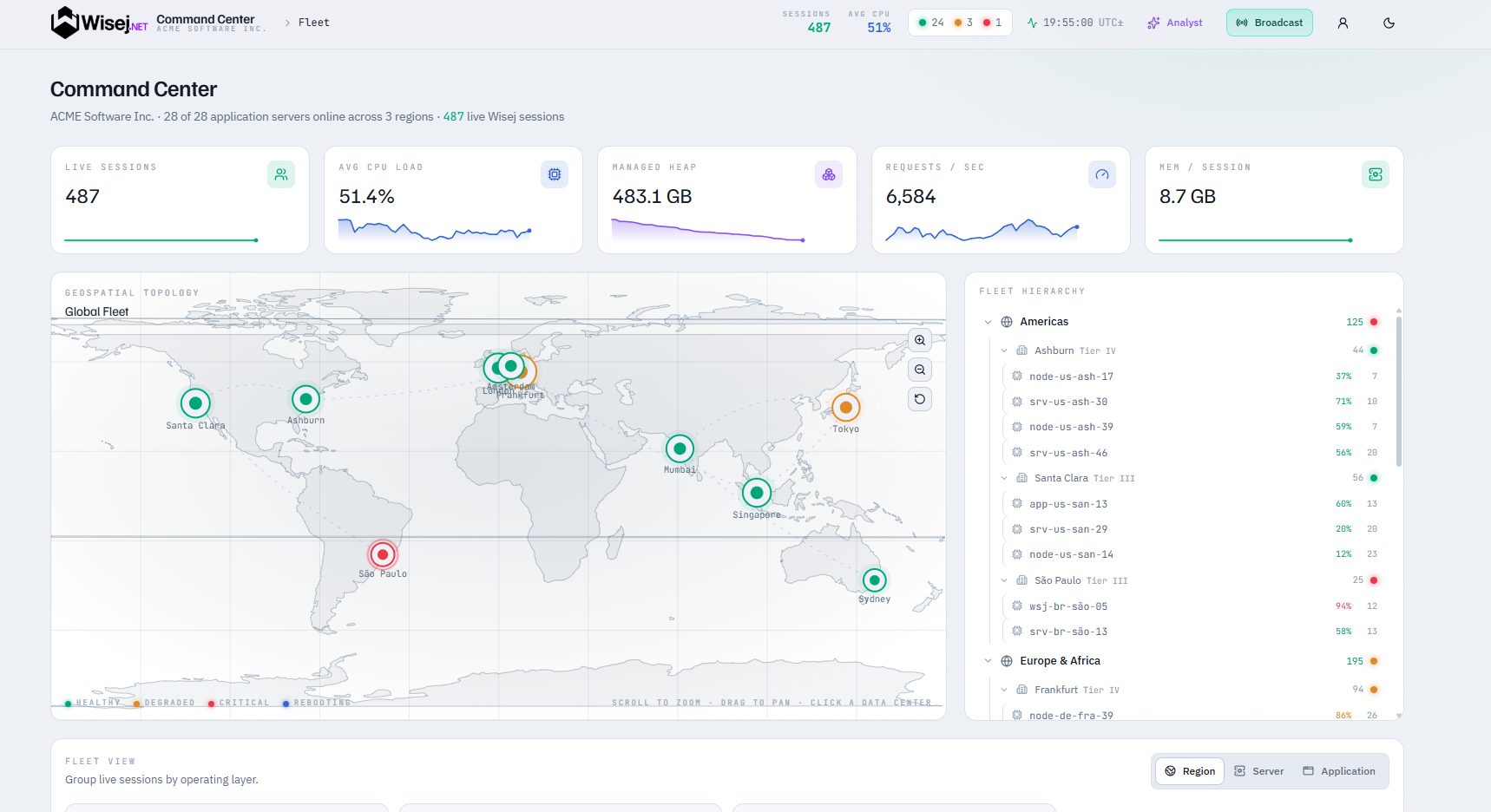 Wisej.NET Command Center fleet overview with a global server map, regional hierarchy, live session totals, and CPU, memory, and request metrics.