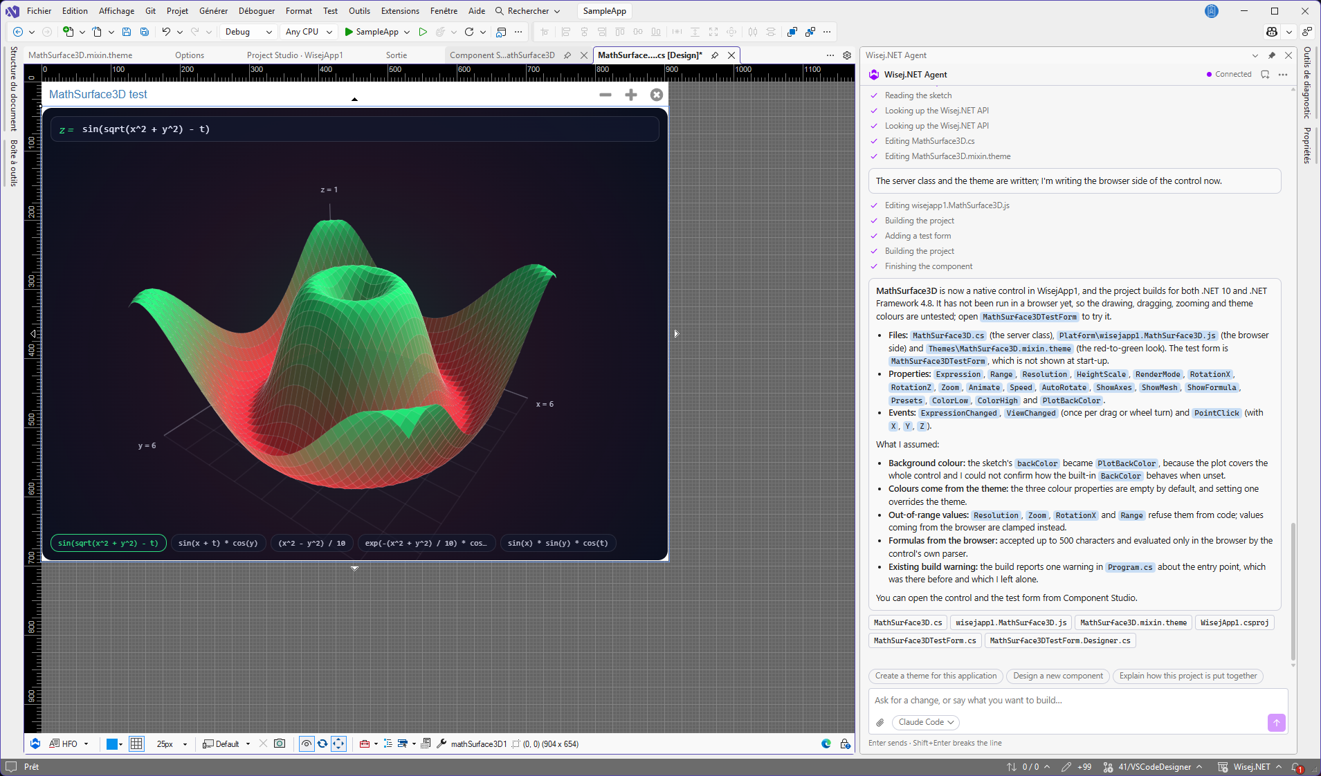 The Wisej.NET Agent side panel in Visual Studio after building a native MathSurface3D control, listing its steps, files, properties, events, and assumptions, next to the designer showing an animated 3D surface plot of sin(sqrt(x^2 + y^2) - t).